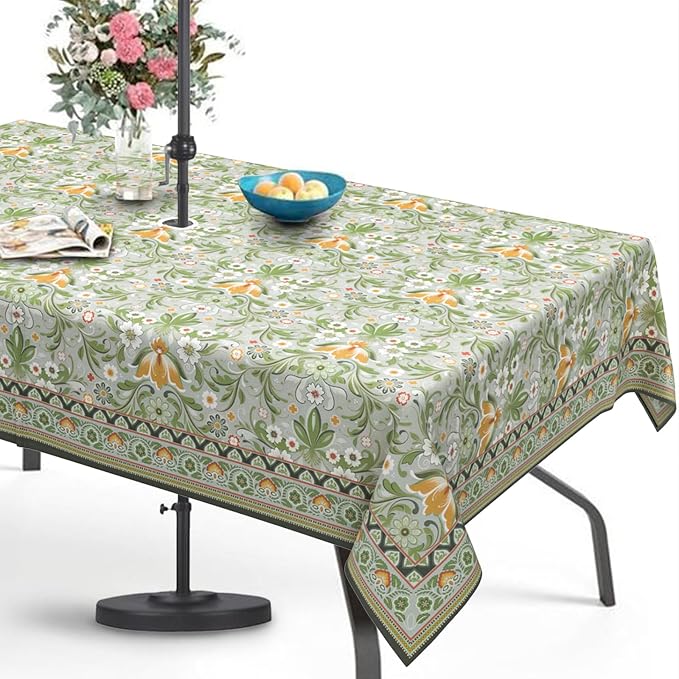 Green Outdoor Tablecloth with Umbrella Hole 60" x 84" Waterproof Zipper Table Cloth for Patio Table - Ideal Tablecloths for Picnics, Camping, and Yard Use
