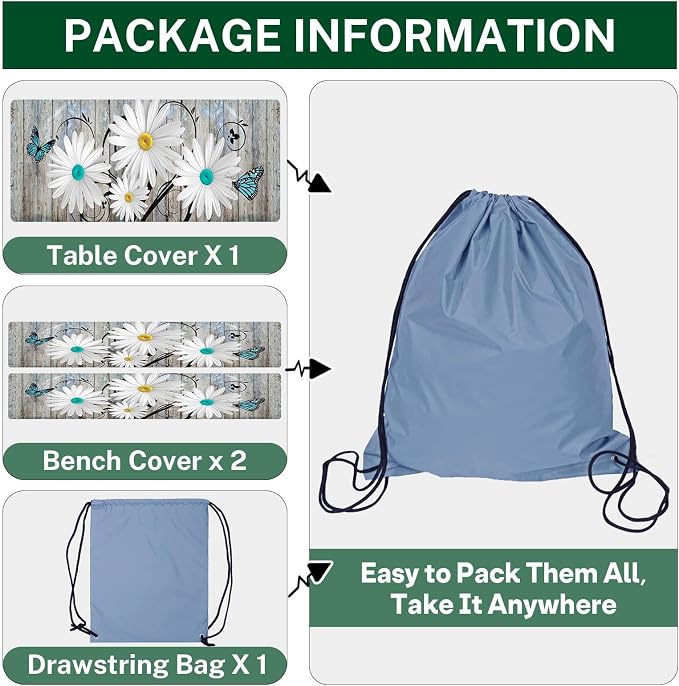 Daisy Flowers Butterfly Picnic Table Cover with Bench Covers, Wooden Vintage Farmhouse Outdoor Camping Essentials 6FT 3PCS Fitted Rectangle RV Must Haves Tablecloth with Drawstring Bag