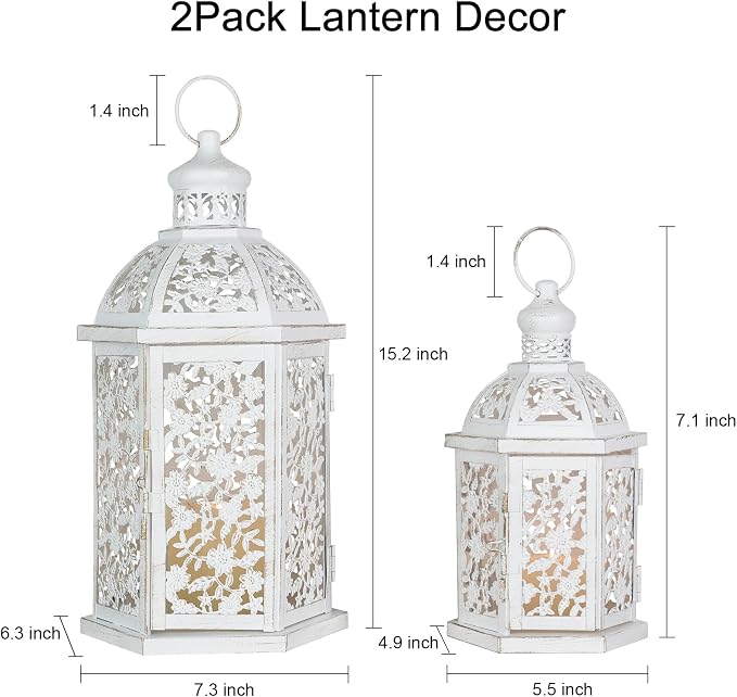 Lanterns Decorative Outdoor&Indoor, Set of 2 (15"&7") White Metal Lantern Decor, Candle Holder for Porch, Patio, Christmas, Balcony, Wedding, Table Centerpiece