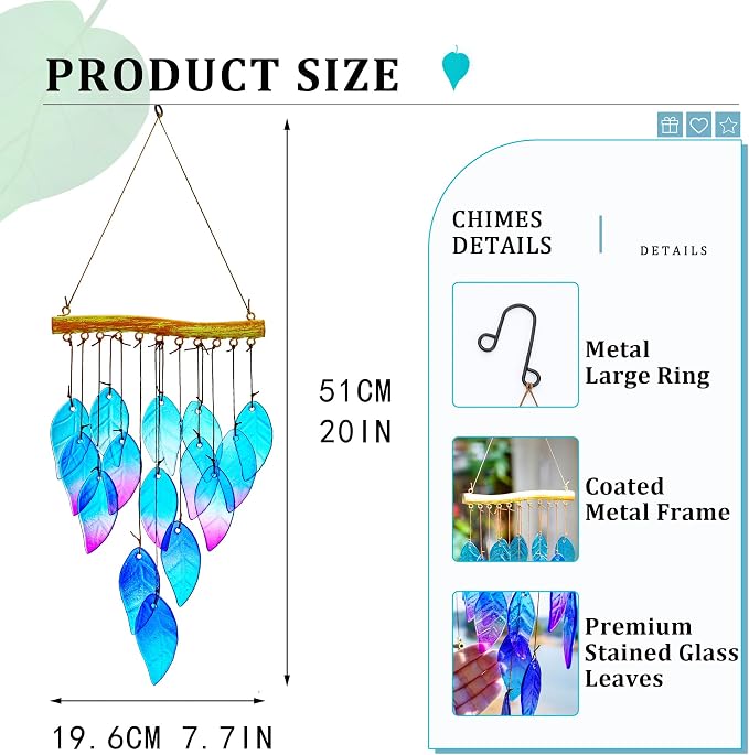 Wind Chimes for Outside,Stained Glass Leaves Wind Chimes Indoor Outdoor Hanging Decor Handmade 12.5" Garden Chimes for Windows, Patio,Backyard Decor Ornament for Christmas Tree