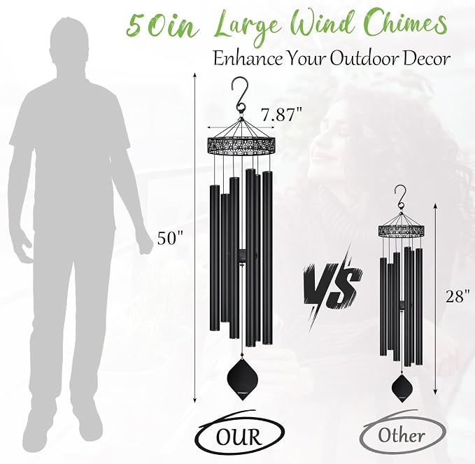 50" Extra Large Wind Chimes for Outside, Big Deep Tone Unique WindChimes Outdoor Gifts for Mom/Women/Men, House Warming Gifts New Home graden Hanging Decor (Black)