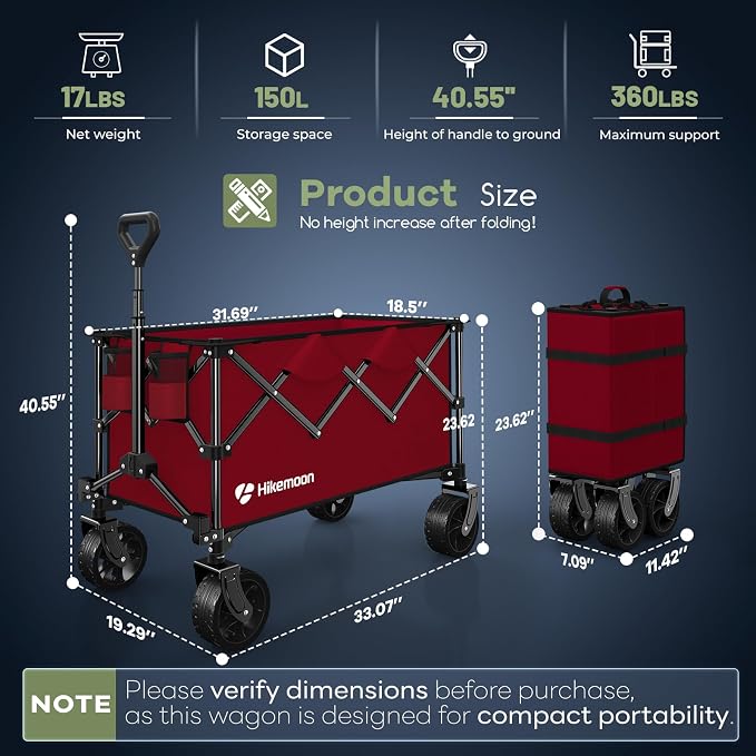 Hikemoon 150L Collapsible Wagons Carts Foldable, 360LBS Heavy Duty Folding Beach Cart with Big All-Terrain Wheels, Portable Utility Wagon for Grocery, Shopping, Garden, Sports, Red
