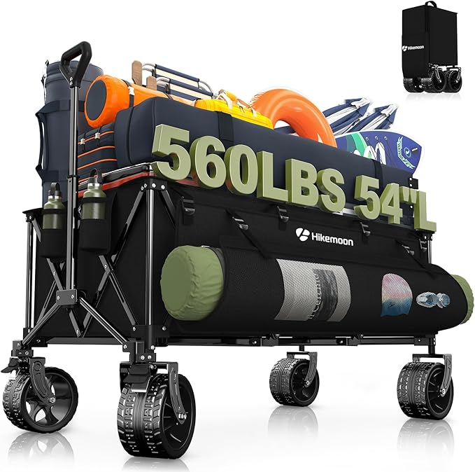 Hikemoon 400L Ultra Large Collapsible Wagon with Big Wheels - Black | Extra Long, Wagons Carts Foldable, Heavy Duty, Utility Folding Cart, All-Terrain, Beach, Camping, Grocery, Sports, Garden