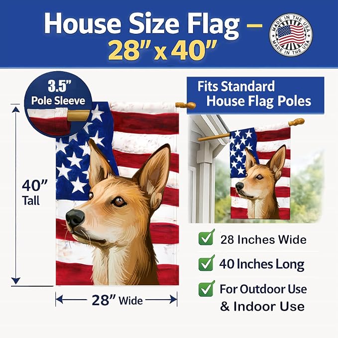 Caroline's Treasures CK6567CHF Indian pariah dog American Flag House Flag Large Porch Sleeve Pole Decorative Outside Yard Banner Artwork Wall Hanging, Polyester, House Size, Multicolor
