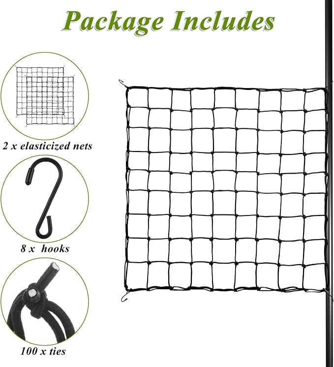 2 Pack 5x5 ft Elastic Trellis Netting for Grow Tent, Heavy Duty Plant Support Net with Steel Hooks and 100 Zip Ties, Black Garden Trellis Net for Tomatoes, Cucumbers, Vines