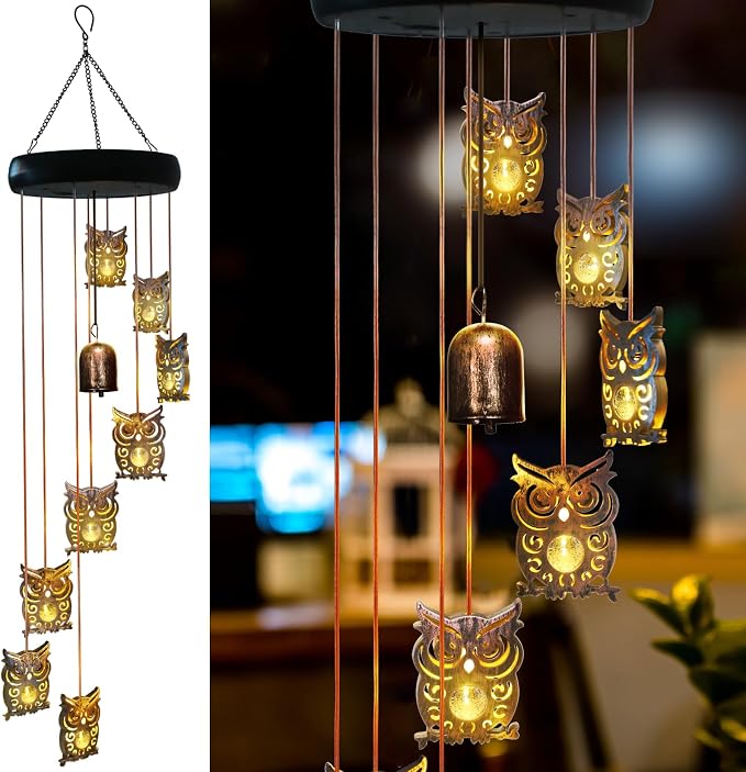 8 LED Solar Upgrade Owl Wind Chimes Outdoor,Mom Gifts for Mothers Day Grandma Wife Gift Solar Owl Wind Chimes for Outside,Hanging Lights Warm LED,Outdoor Owl Decor Christmas