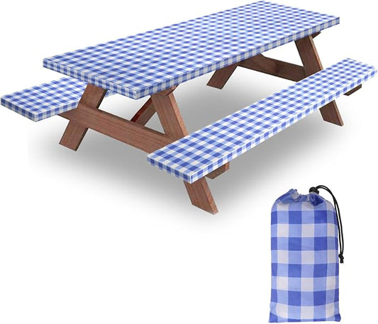 8ft Picnic Table and Bench Cover, Camping Essentials RV Gear, 96 in Waterproof Windproof Outdoor Elastic All Around Tablecloth, Fitted Rectangle Tables and Seats, Blue-White Checkered