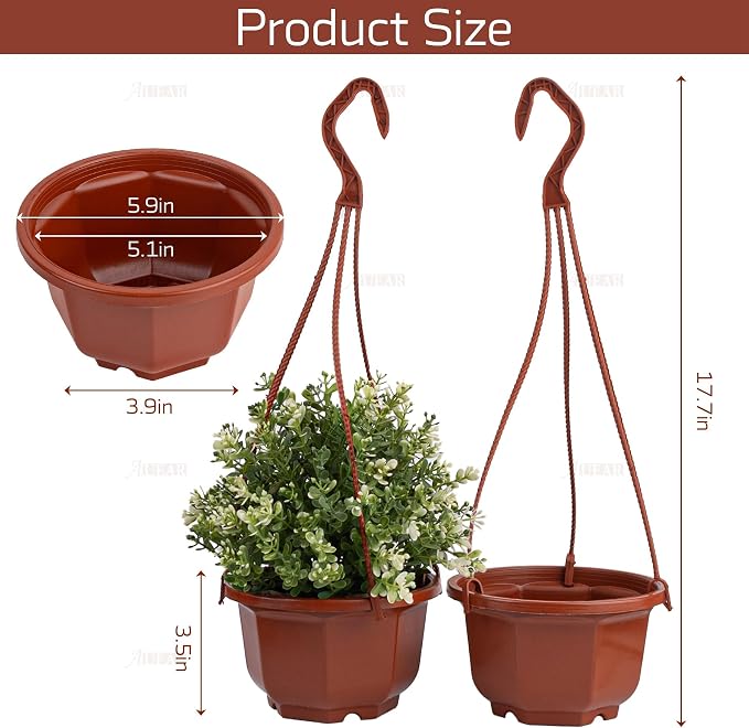 AUEAR, 50 Pack Plastic Hanging Plant Pots Containers Outdoor Indoor Planters with Drainage Holes Hooks Brown