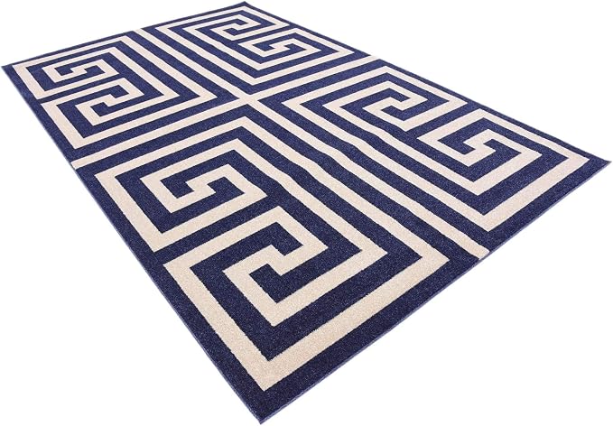 Unique Loom Athens Collection Classic Geometric Modern Border Design Area Rug (6' 0 x 9' 0 Rectangular, Navy Blue/ Beige)