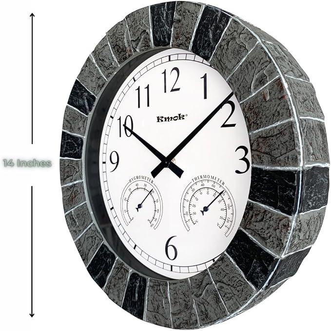13.5" Faux Slate Wall Clock with Thermometer/Hygrometer | Waterproof, Silent, Indoor/Outdoor, Battery Operated, Light Grey/Black Frame