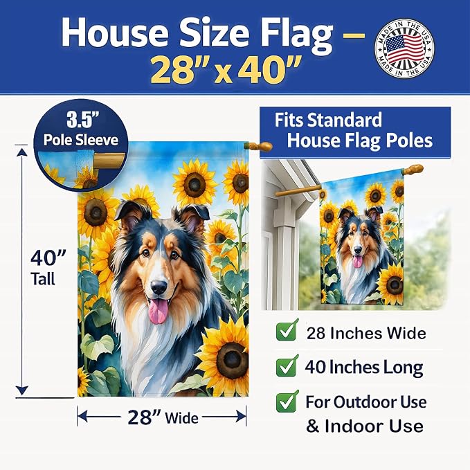 Caroline's Treasures DAC6061CHF Collie in Sunflowers House Flag Large Porch Sleeve Pole Decorative Outside Yard Banner Artwork Wall Hanging, Polyester, House Size, Multicolor