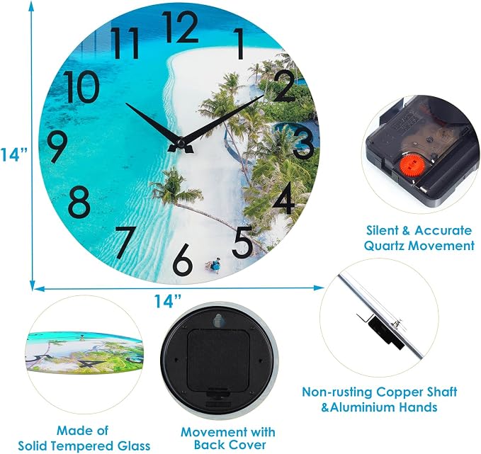 14 Inch Outdoor Clock Waterproof – Tempered Glass Silent Non-Ticking, Tropical Beach Theme Nautical Coastal Decor Wall Clock for Patio Pool Garden Bathroom