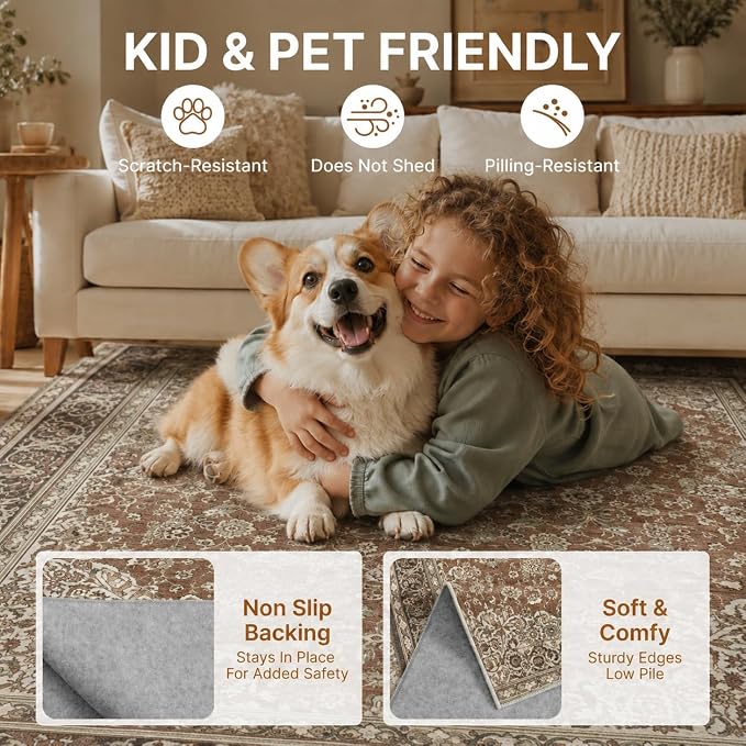 10x12 Area Rugs Washable Large Vintage Rug for Living Room Bedroom | Farmhouse Boho Floral Neutral Washable Stain Resistant Indoor Carpet for Bedroom Office and Home Decor (Brick&Brown)
