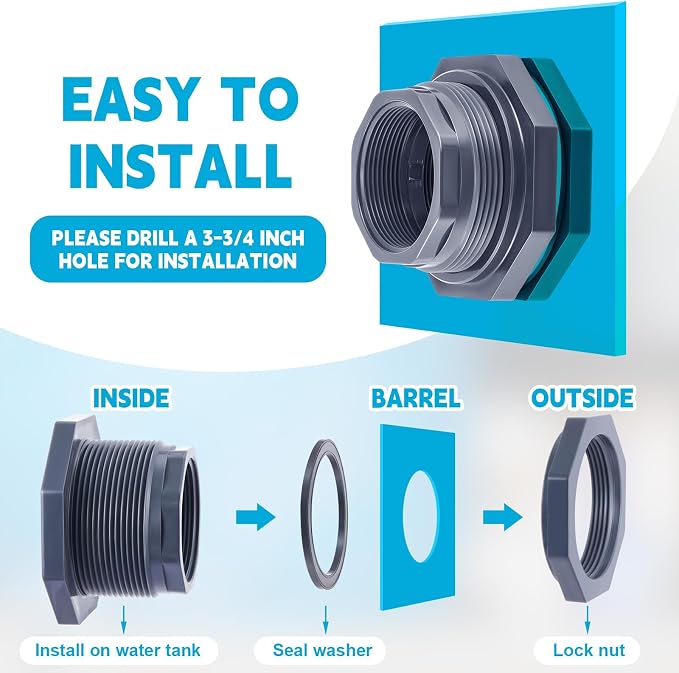 1 Pcs 2-1/2 Inch Bulkhead Fitting PVC Water Tank Connector Plumbing Pipe Threaded Bulkhead Fitting NPT for Rain Barrels, Water Tanks, Aquariums, Tubs, Pools