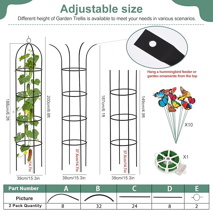 100% Metal Obelisk Garden Trellis 6.6 Feet Tall Sturdy Plant Support for Climbing Vines and Flowers Stands,2pc Upgrade Round Trellis for Pots Metal Plant Flower Trellises for Clematis Jasmine Outdoor