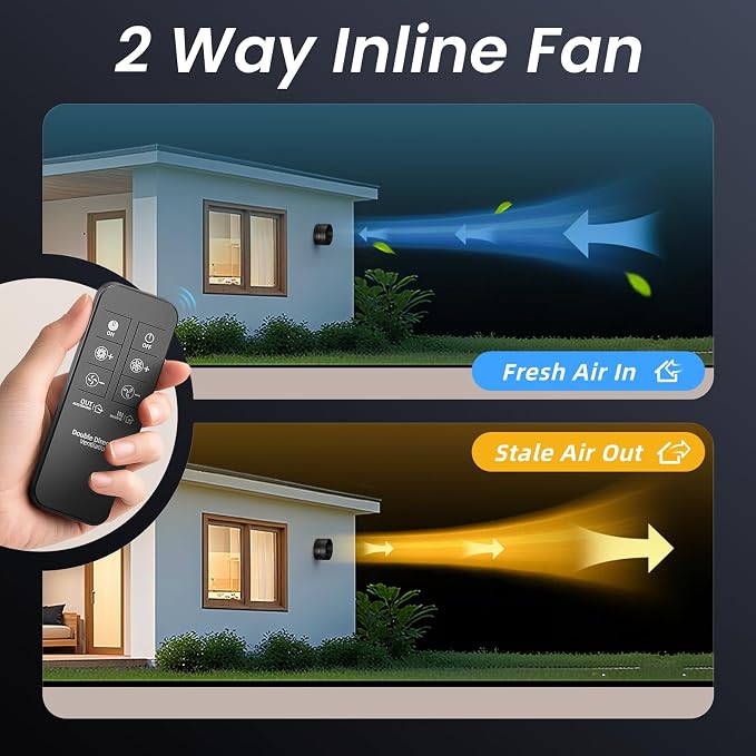 4 Inch Inline Duct Fan with Remote,2Way 6Speed,Low Noise Save Energy | 130CFM Airflow,2Way 6Speed Duct Fan,433MHz Remote Control,100% Pure Coppe DC Motor,24dB Low Noise,Easy Installation