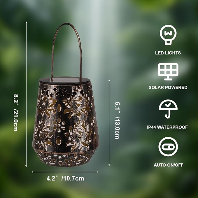 Edenseelake 2 Pack Solar Hanging Lanterns Outdoor Waterproof, Metal Flower Solar Lights, Decorative LED Lantern for Garden, Patio, Porch, Yard, Lawn, Bronze