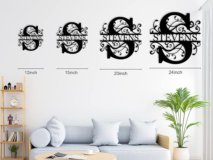 Personalized Family Name Sign Custom Last Name Metal Wall Decor, Monogram Initial Letter Sign with Elegant Scroll Design, Split Letter Family Name Wall Art, Rustic Farmhouse Home Decoration, Front Door Porch Decor, Wedding Gift, Housewarming Gift