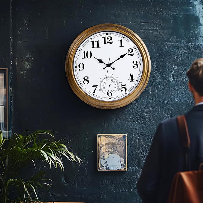 16 Inch Large Outdoor Clock Retro Waterproof Clock Non-Ticking Indoor/Outdoor Wall Clock with Thermometer, Battery Operated for Pool, Patio, Garden, Bronze