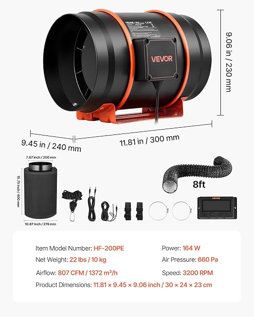 VEVOR Inline Duct Fan Kit Carbon Filter, 807 CFM 8 inch EC Motor Exhaust Ventilation Fan with 10-Speed, PWM Controller, App Control, Timer, Cooling for Grow Tent, Indoor Gardening, Hydroponics