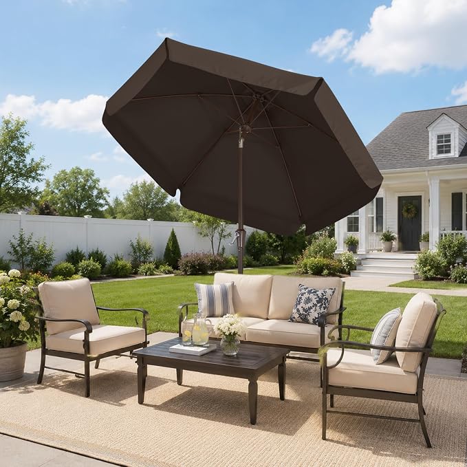 ABCCANOPY 7.5ft Scalloped Patio Umbrella, Outdoor Table Umbrella with Tilt and Crank, Fiberglass Ribs Deck Umbrella for Patio, Pool, Garden, Picnic (Brown)