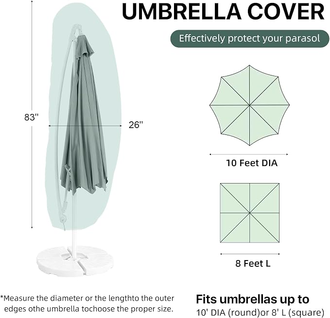 Patio Umbrella Cover, Waterproof Outdoor Umbrella Cover, PU-Coated Polyester Parasol Umbrella Cover with Zipper, Adjustable Strap and a Support Pole, UPF 50+ Windproof Design