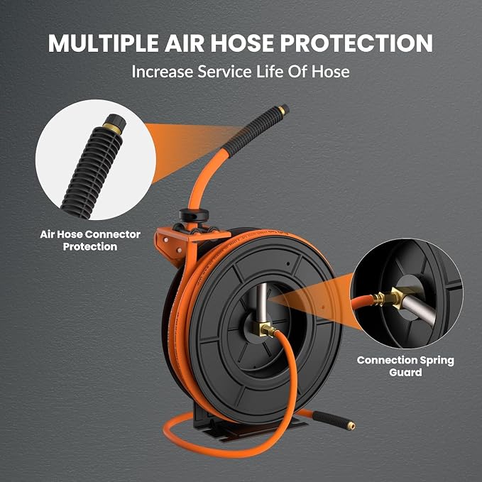 Giraffe Tools TA10 Retractable Air Hose Reel Swivel with 3/8 in. x 25 ft Hybrid Hose Max 300 PSI, Industrial Wall Mounted Compressor Hose Reel Heavy Duty, Air Compressor Heavy Duty Steel Reel
