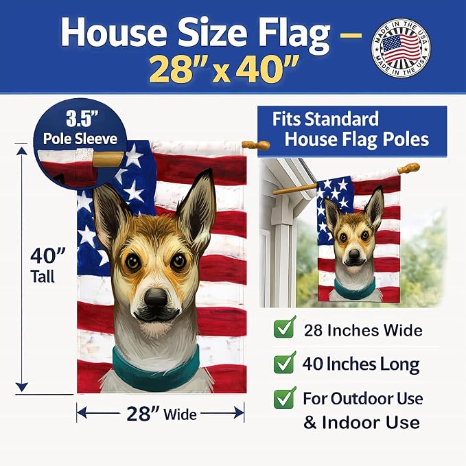 Caroline's Treasures CK6632CHF Norwegian Lundehund Dog American Flag House Flag Large Porch Sleeve Pole Decorative Outside Yard Banner Artwork Wall Hanging, Polyester, House Size, Multicolor