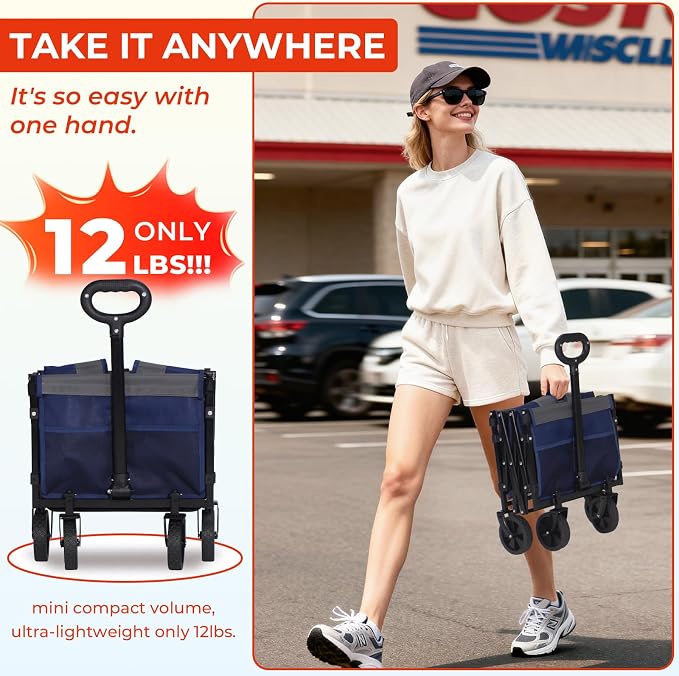 Foldable Wagon with Tailgate,12 lb Lightweight Small Utility Cart | Garden, Grocery, Beach, Camping, Portable Use, Blue