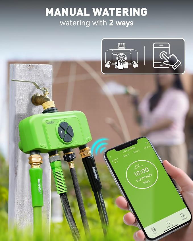 RAINPOINT WiFi 4 Zone Smart Sprinkler Timer, Outdoor Garden Hose Water Timer with Solid Brass Inlet & Outlet, Custom Irrigation Programs via App, Voice Control
