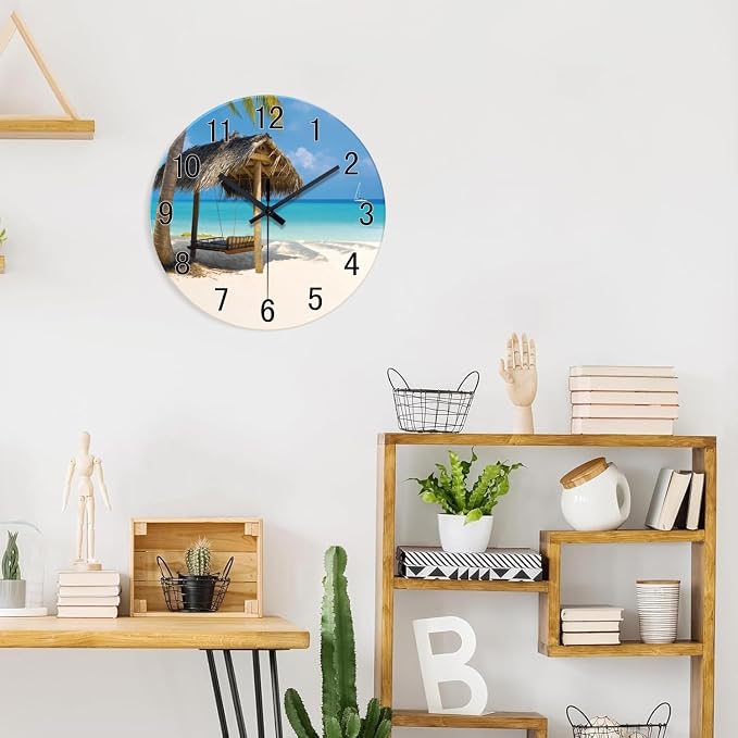 XFM Tropical Beach Wall Clock Battery Operated 12 Inch | Silent Non-Ticking Battery Operated Blue Coastal Modern Decorative for Living Room Kitchen Bedroom Office