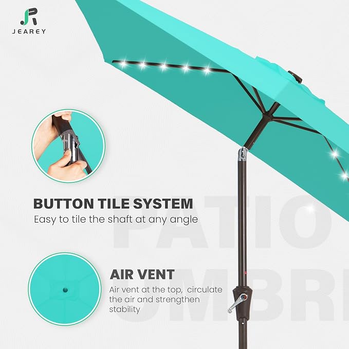JEAREY 6.5x10 ft Rectangular LED Lighted Patio Umbrellas Outdoor Solar Table Market Umbrella w/Push Button Tilt/Crank, 6 Sturdy Ribs, UV Protection Waterproof Sunproof(Teal)