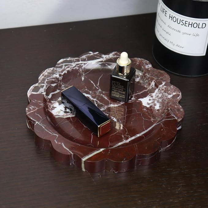 Round Marble Decorative Tray with Scalloped Edge, Luxury Natural Stone Bathroom Vanity Tray, Dresser Top Perfume Coffee Home Kitchen Sink Tray, Key Trinket Ring