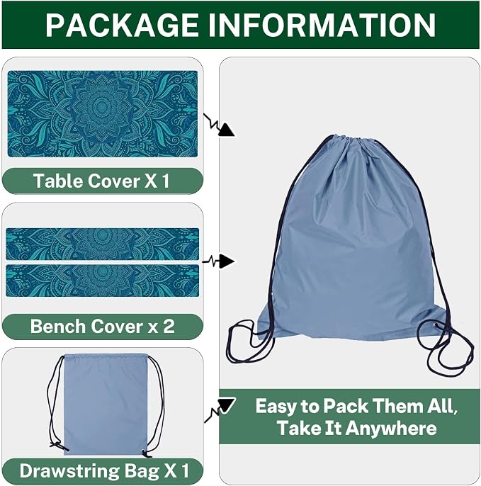 Picnic Table Cover with Bench Covers Elastic Edges, Boho Teal Camper Fitted Table Cover, Outdoor Camping Essentials 72 Inch 3PCS, Waterproof Camping Fitted Tablecloth with Drawstring Bag