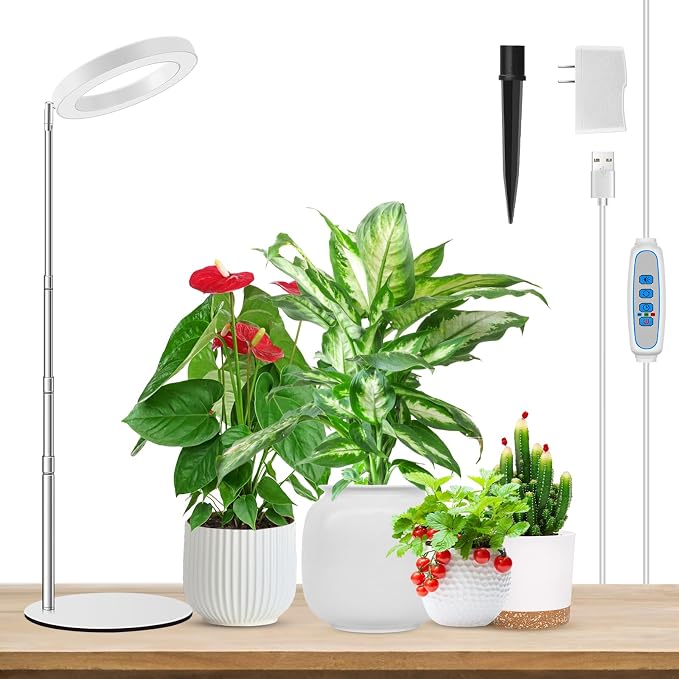 Aokrean 6.3in Halo Grow Lights for Indoor Plants, Full Spectrum with Base | 80 LEDs White 1-Pack, 2 Installation Ways, 9.8-37.4 in Height Adjustable, 3 Lighting Modes, Timer 6/12/16Hrs, 5 Brightness