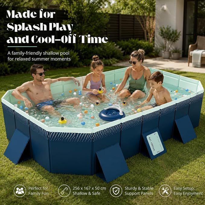 100.78-Inch Foldable Swimming Pool, Blue Non-Inflatable Rectangular Pool for 4-6 People, 4-Layer Composite PVC, Aluminum Alloy Frame, Dual Drains for Backyard Summer Fun