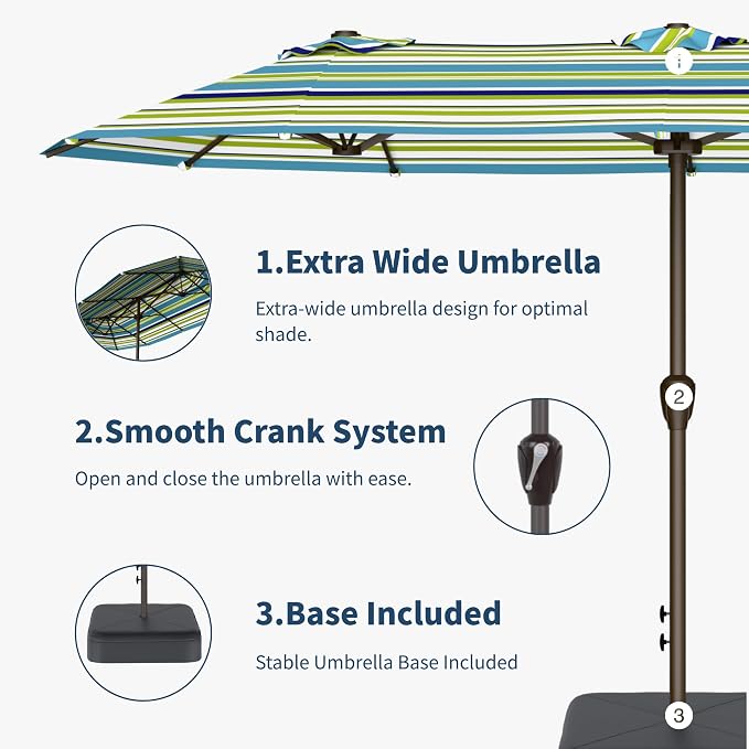 15FT Double Sided Patio Umbrella with Base Included Large Outdoor Market Umbrella with Crank Handle, UV Resistant Canopy, Sturdy Frame for Garden, Poolside, Deck, Green Stripes