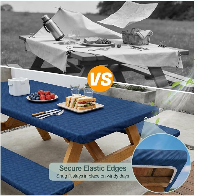 Picnic Table Cover with Bench Covers Camping Essentials Waterproof Windproof Camping Tablecloth with Drawstring Bag, Fitted Rectangle Tables and Seats, 96in, Deep Blue