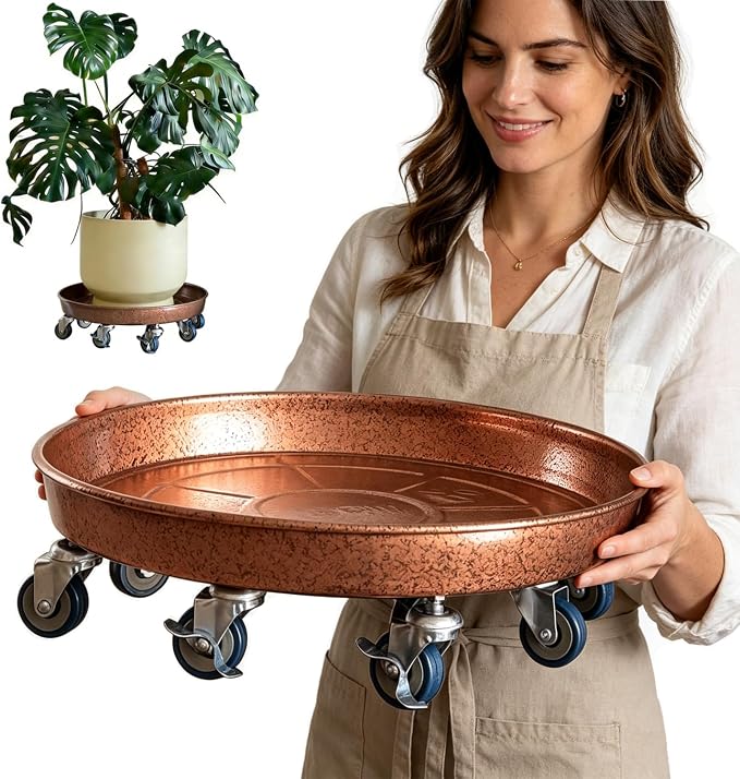 Rolling Planter Caddy(470lbs Capacity), Heavy Duty Metal Plant Stand with Brake Wheels Plant Dolly Mover Plant Pot Tray Saucer for Indoor Outdoor 18inches Copper