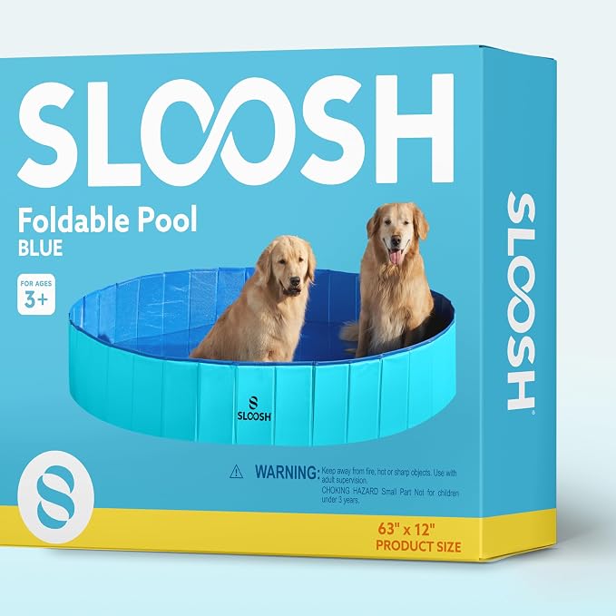 SLOOSH Foldable Dog Kiddie Pool - Portable Hard Plastic Doggie Swimming Pool, Anti-Slip Collapsible Pets Bath Tub Suitable for Kids Indoor Outdoor Backyard Use (Blue, 63" x 12")