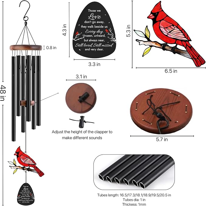 Memorial Wind Chimes for Loss of Loved One, Sympathy Gifts for Loss of Mother/Dad/Husband - Cardinal Wind Chimes for Outside with Mute Option, in Memory of Loved One Gifts, Sympathy Wind Chimes 48''