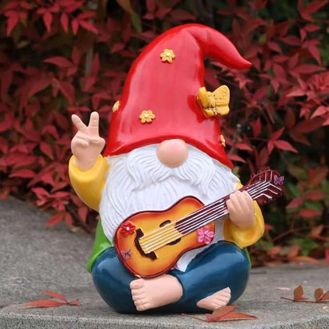 Hippie Garden Gnome Statue,Funny Gnome Figurine with Guitar -9.3‘’ Outdoor Resin Lawn Ornament,Unique Gift for House,Lawn,Patio and Porch, Gifts for Garden Lovers