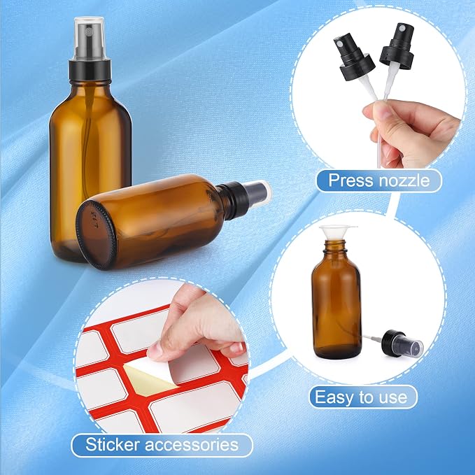 Fumete 36 Pcs Glass Spray Bottles 4oz Fine Mist Glass Spray Bottle Refillable Liquid Containers with 6 Labels 6 Funnel for Hair Travel Plants Cleaning Solutions Skin Care(Amber,Classic)