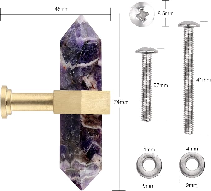 mookaitedecor Set of 2 Amethyst Double Crystal Points Drawer Knobs with Screws, Decorative Stone Cabinet Handle Pulls for Dresser Cupboard Kitchen Decor, Brushed Brass