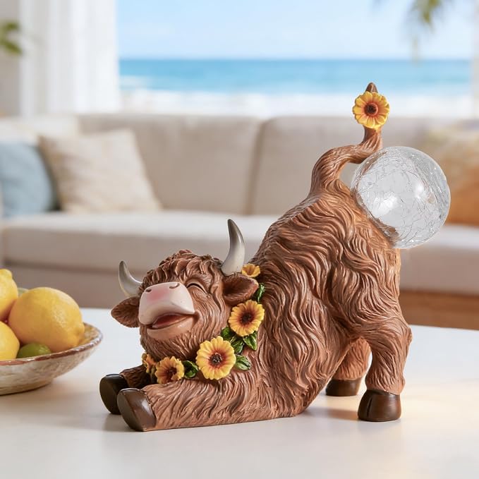 WDS WONDROUS Solar Highland Cow Outdoor Decor with LED Butt Light, Garden Cow Decorations for Home with Sunflowers, Resin Highland Cow Figurine Gifts for Women Yard Porch Decor Farmhouse Night Light