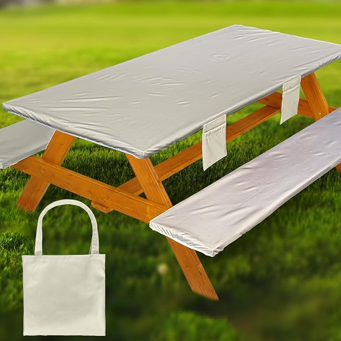 Wrakus Picnic Table Cover with Bench Covers Vinyl Elastic Edges Fitted Rectangle Seat Tables Waterproof 3-Piece72X30in Set Outdoor Rectangular Folding Backing Tablecloth for Camping Over Size