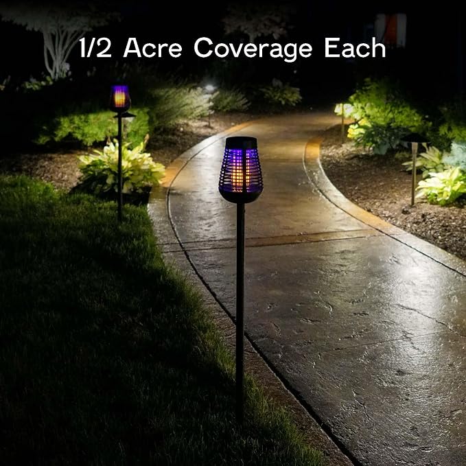PIC Bug Zapper, 600V Solar Powered Insect Trap & Fly Zapper for Outdoor Use, LED Flickering Flame, Activates Automatically in Dark, Weatherproof Outdoor Fly Trap, Kills Bugs on Contact, Twin Pack