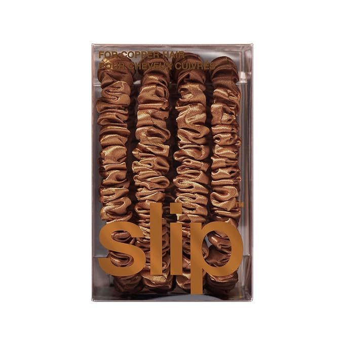 Slip Silk Hair Ties — Skinny Silk Copper Scrunchies, No Damage, No Crease, Anti-Breakage |100% Mulberry Silk | All Hair Types | Made with Proprietary Slipsilk™ | Set of 4