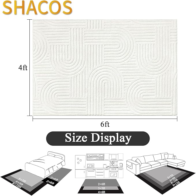 SHACOS Soft Cozy Fluffy Arch Pattern High Low Pile Rugs 4'x6' Non Slip Washable Scandinavian Minimalist Rug Modern Geometric Arc Carpet for Living Room Bedroom Dining Room, Cream White