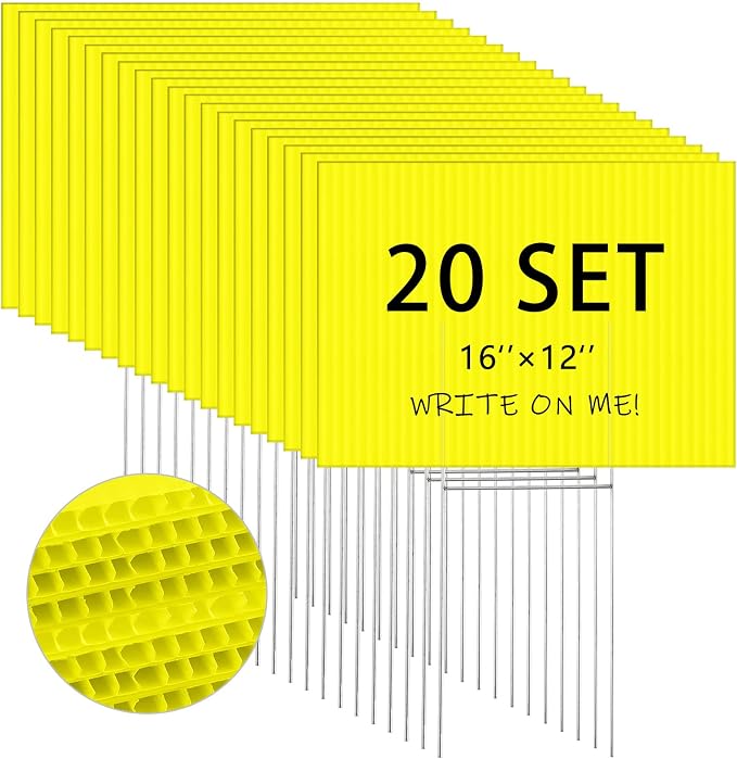 Tuanse 20 Pack Blank Yard Signs with Stakes 16x12 Inch Double Sided Corrugated Plastic Board Custom Lawn Signs for Garage Sale Real Estate Open House Advertising Rent Guidepost Birthday Party(Yellow)